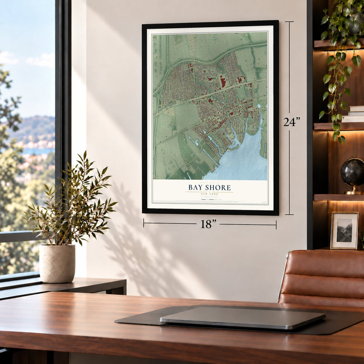 Bay Shore, New York map, 18 x 24 inch print in a black frame in a home office
