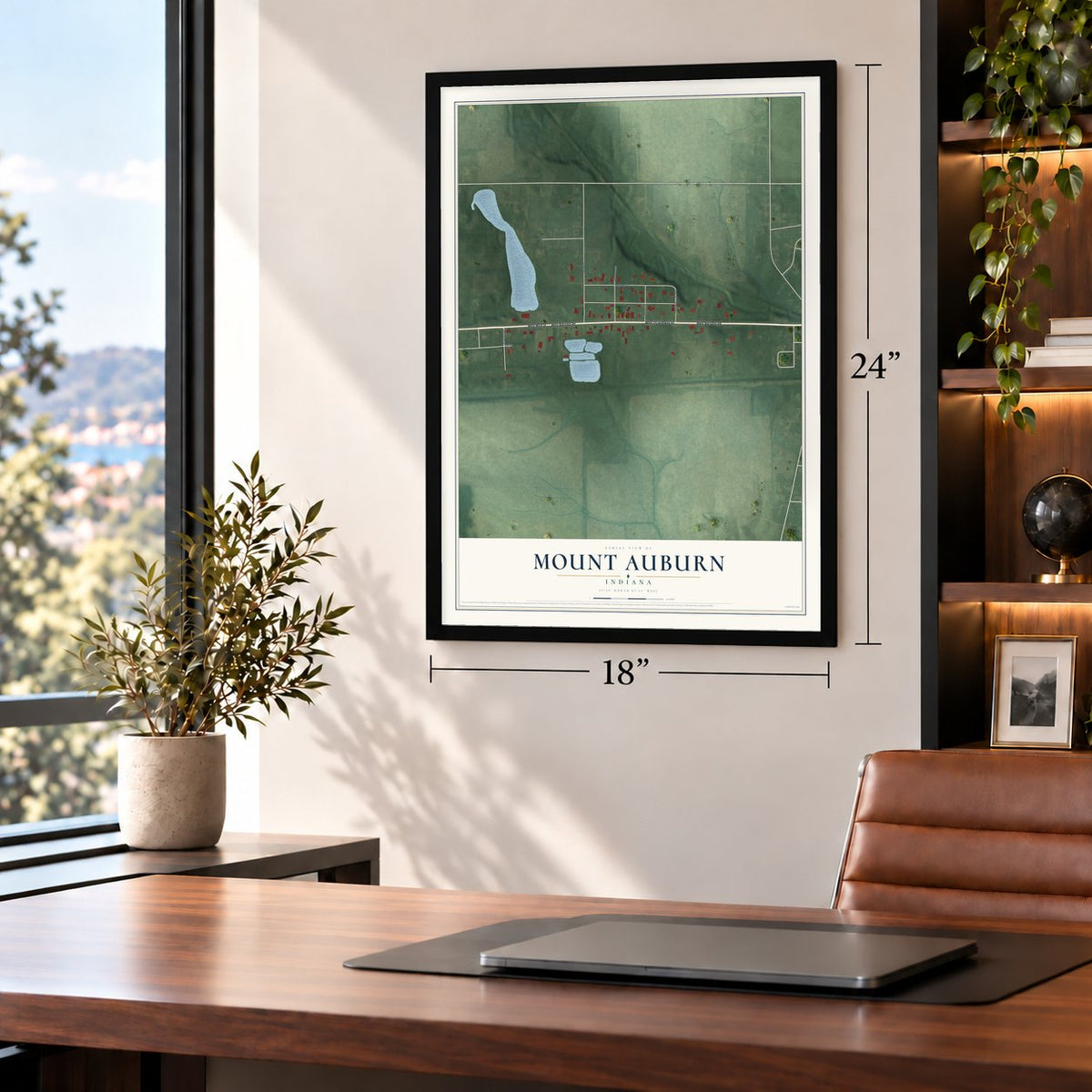 Mount Auburn, Indiana map, 18 x 24 inch print in a black frame in a home office