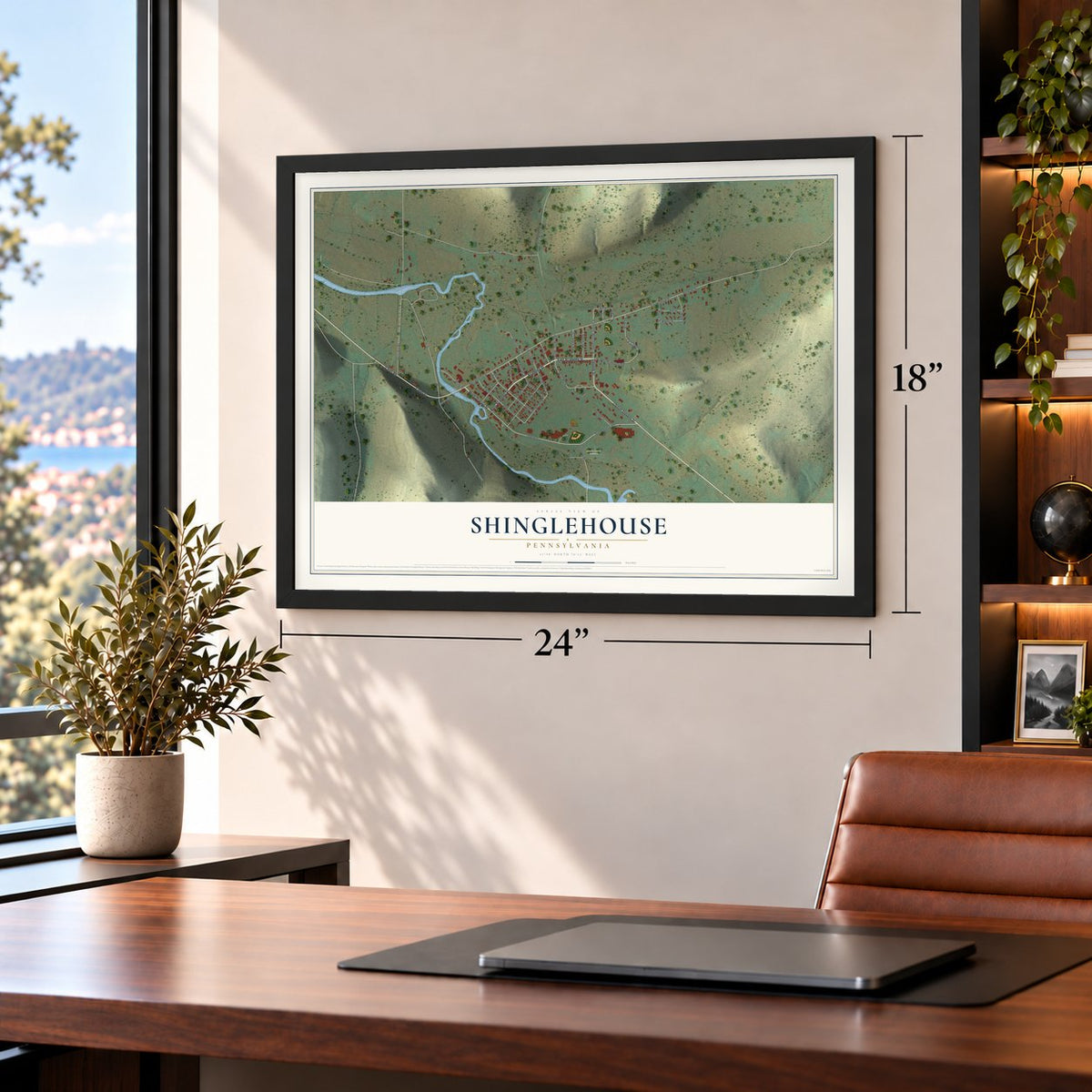Shinglehouse, Pennsylvania map, 18 x 24 inch print in a black frame in a home office