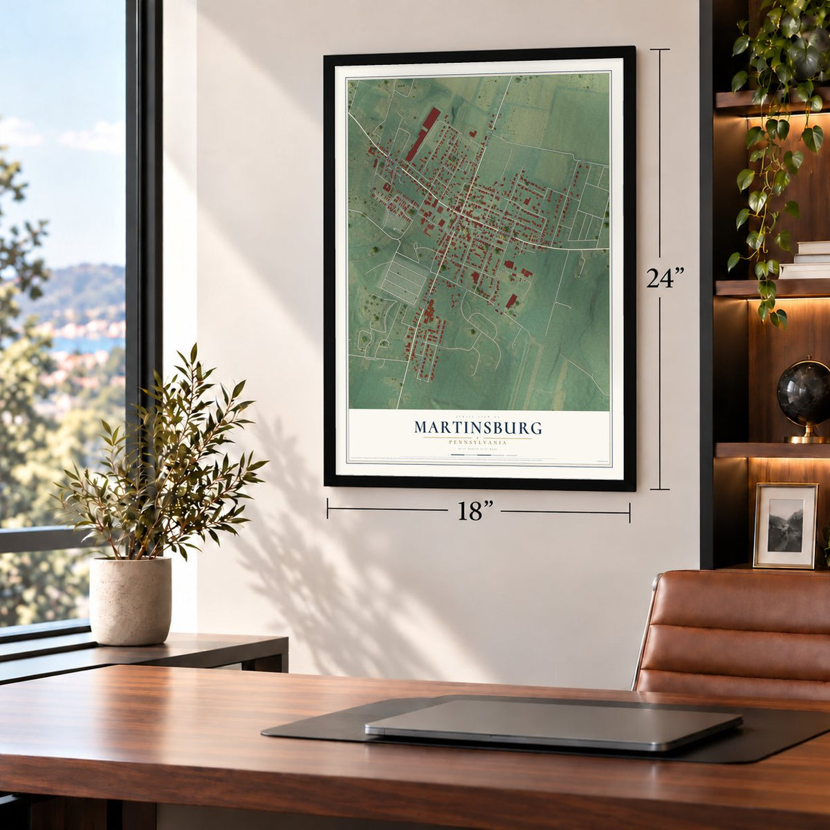 Martinsburg, Pennsylvania map, 18 x 24 inch print in a black frame in a home office