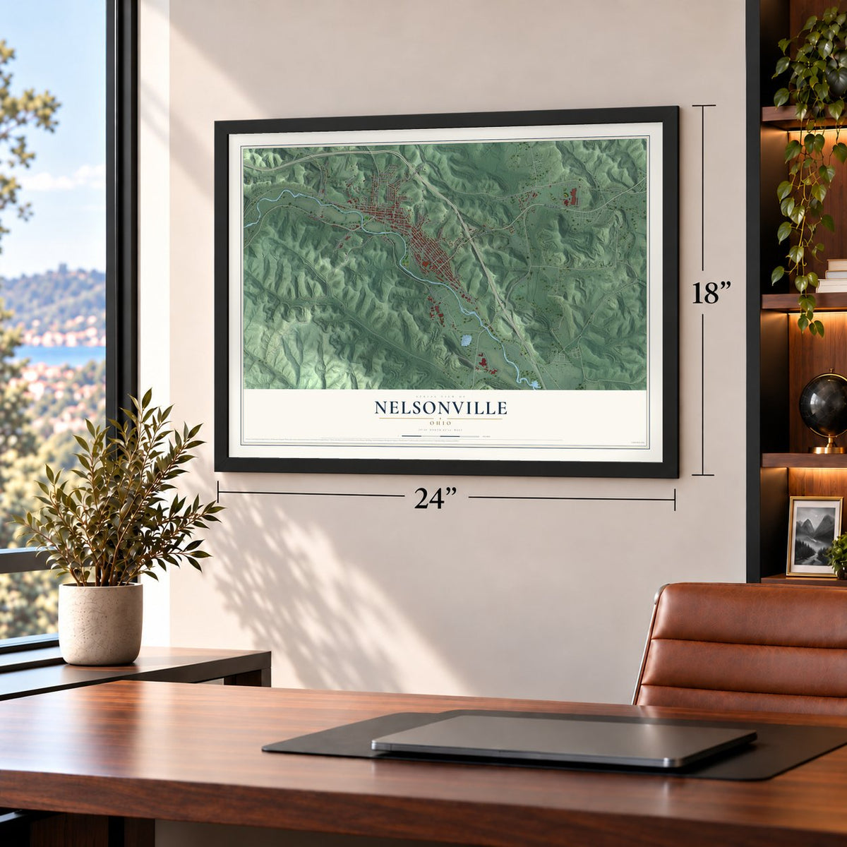 Nelsonville, Ohio map, 18 x 24 inch print in a black frame in a home office