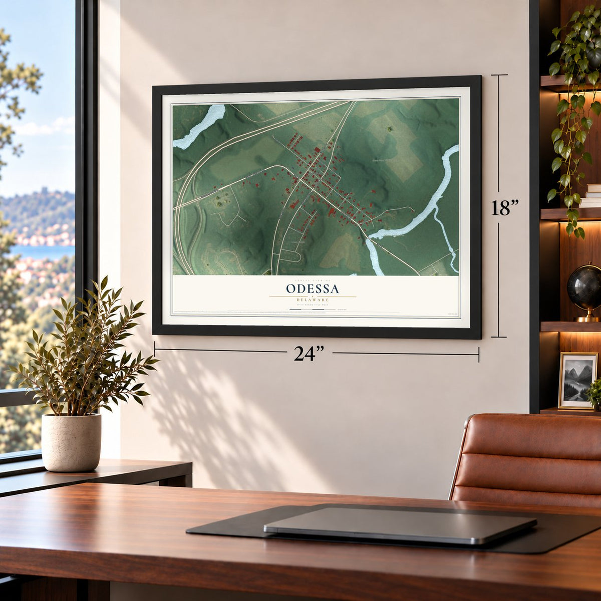 Odessa, Delaware map, 18 x 24 inch print in a black frame in a home office