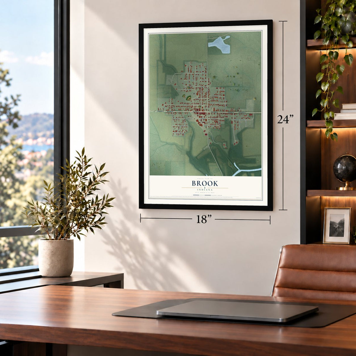 Brook, Indiana map, 18 x 24 inch print in a black frame in a home office