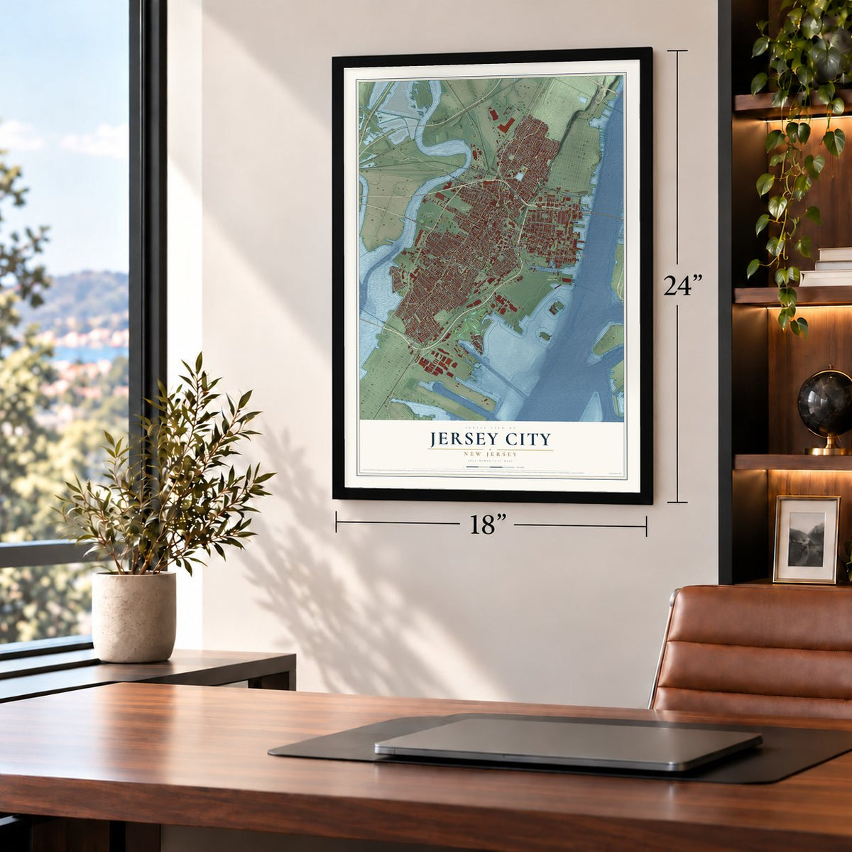 Jersey City, New Jersey map, 18 x 24 inch print in a black frame in a home office