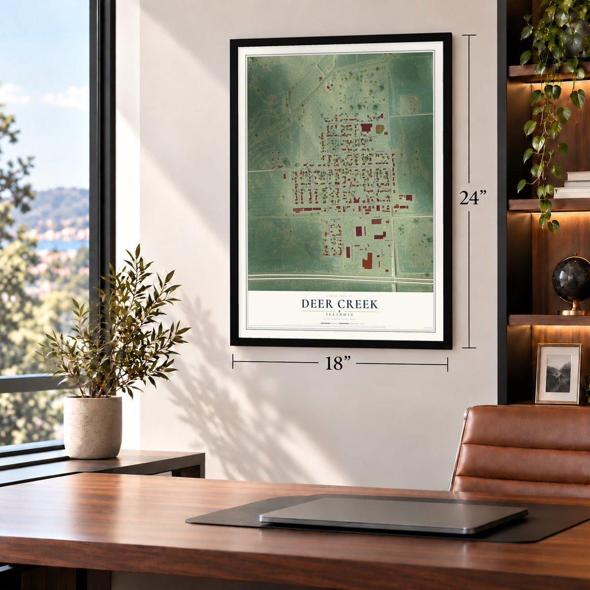 Deer Creek, Illinois map, 18 x 24 inch print in a black frame in a home office
