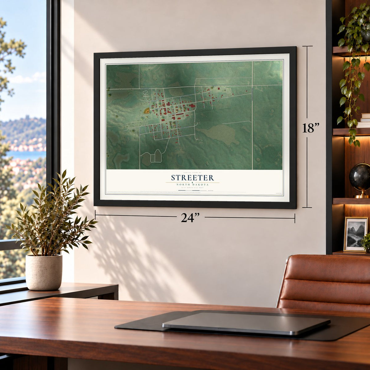 Streeter, North Dakota map, 18 x 24 inch print in a black frame in a home office