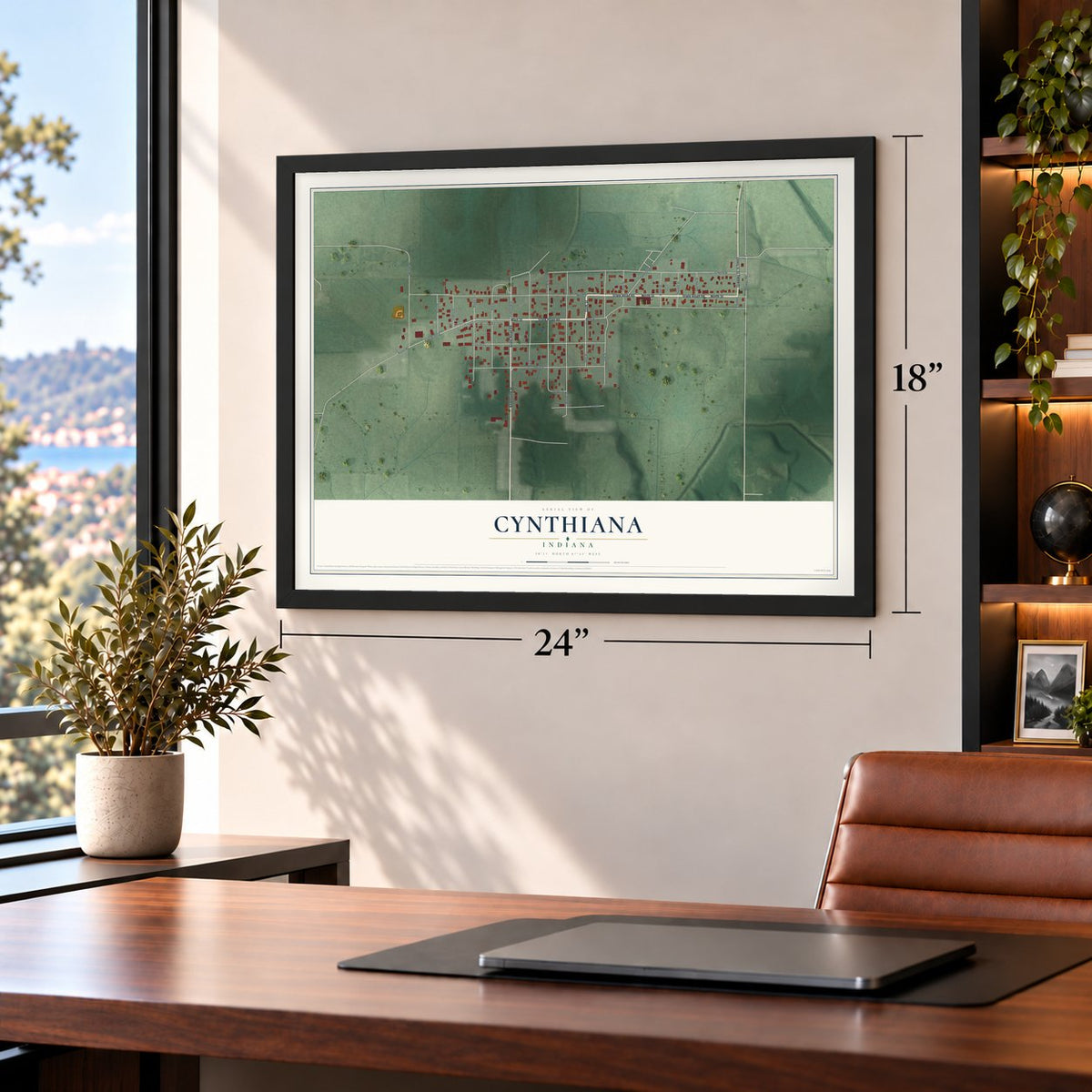 Cynthiana, Indiana map, 18 x 24 inch print in a black frame in a home office