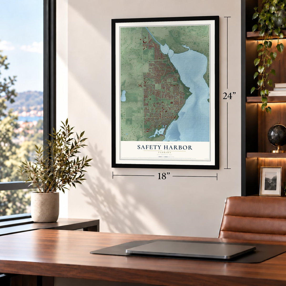 Safety Harbor, Florida map, 18 x 24 inch print in a black frame in a home office