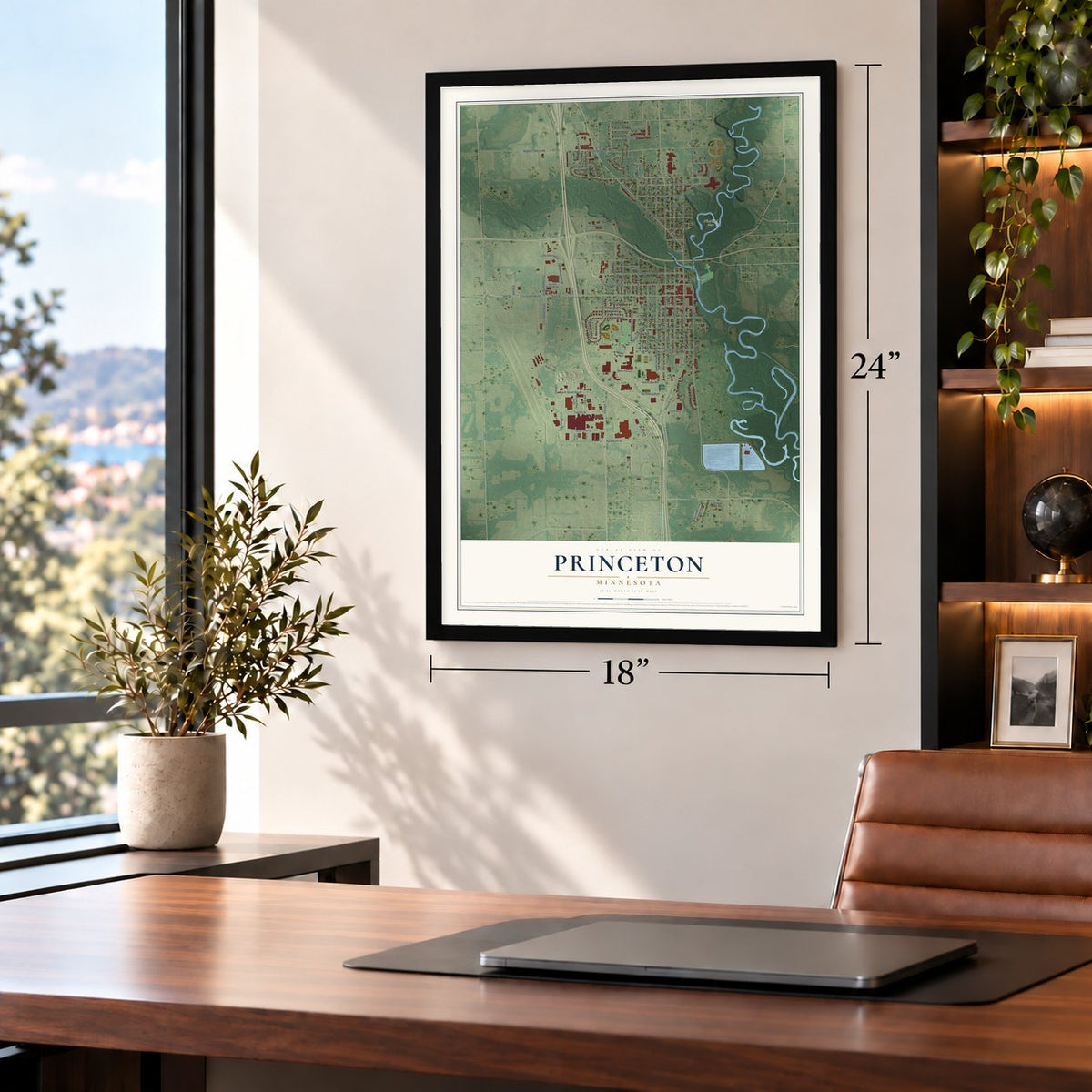 Princeton, Minnesota map, 18 x 24 inch print in a black frame in a home office