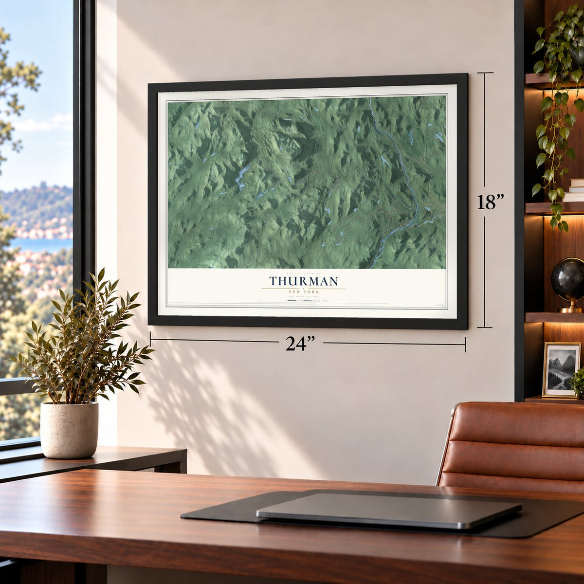 Thurman, New York map, 18 x 24 inch print in a black frame in a home office