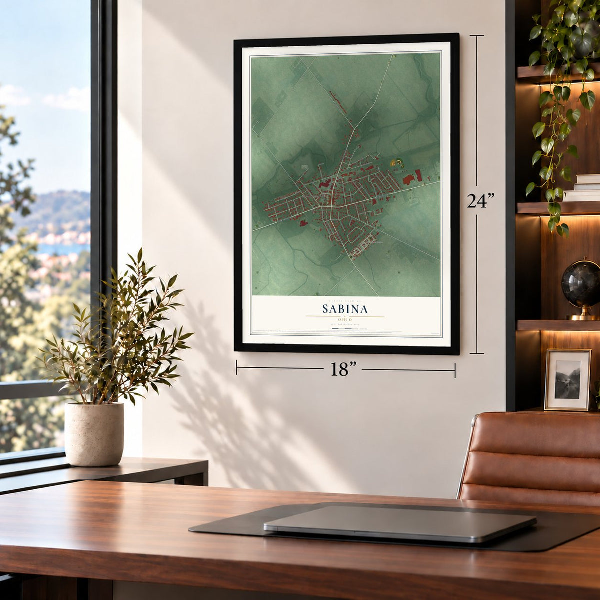 Sabina, Ohio map, 18 x 24 inch print in a black frame in a home office