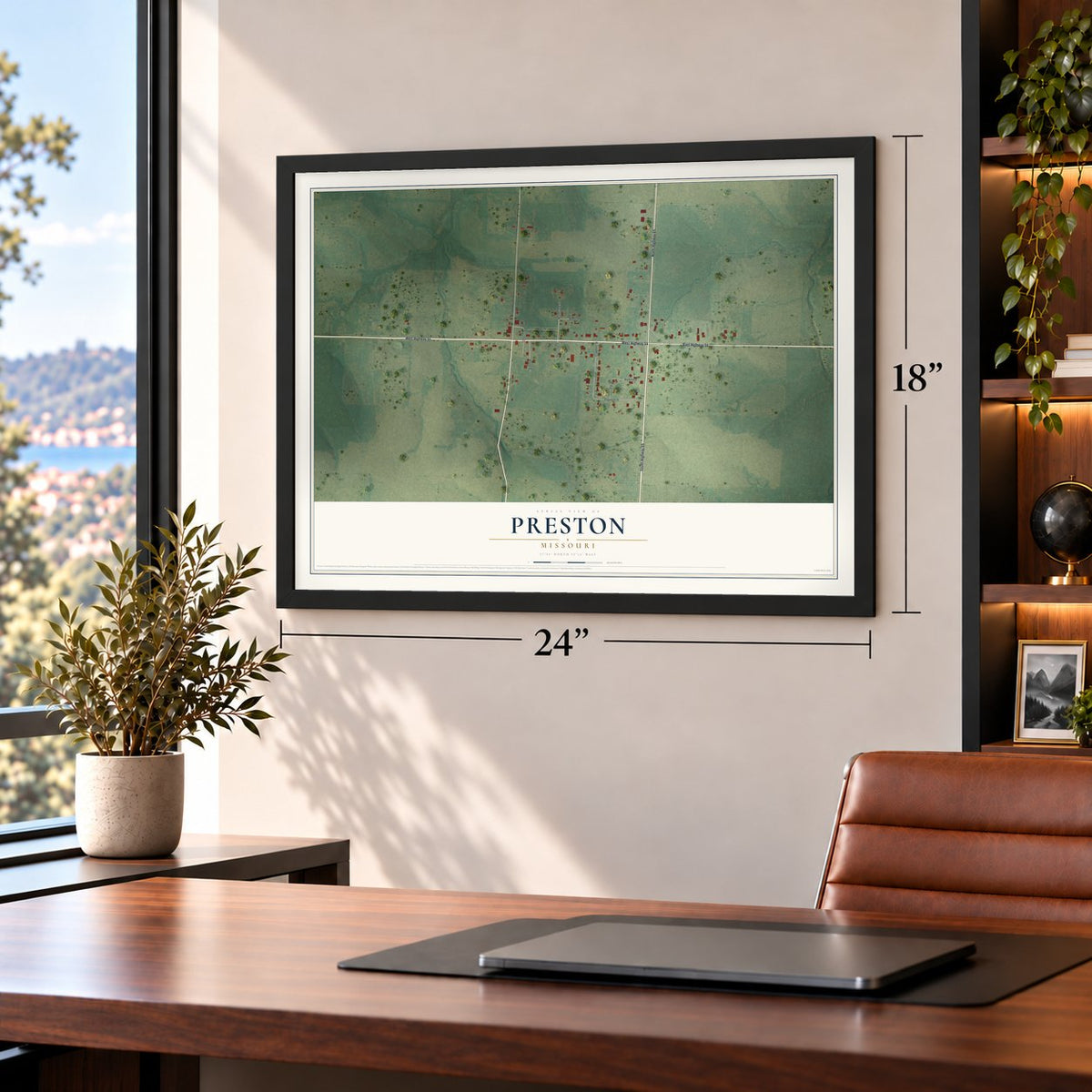 Preston, Missouri map, 18 x 24 inch print in a black frame in a home office