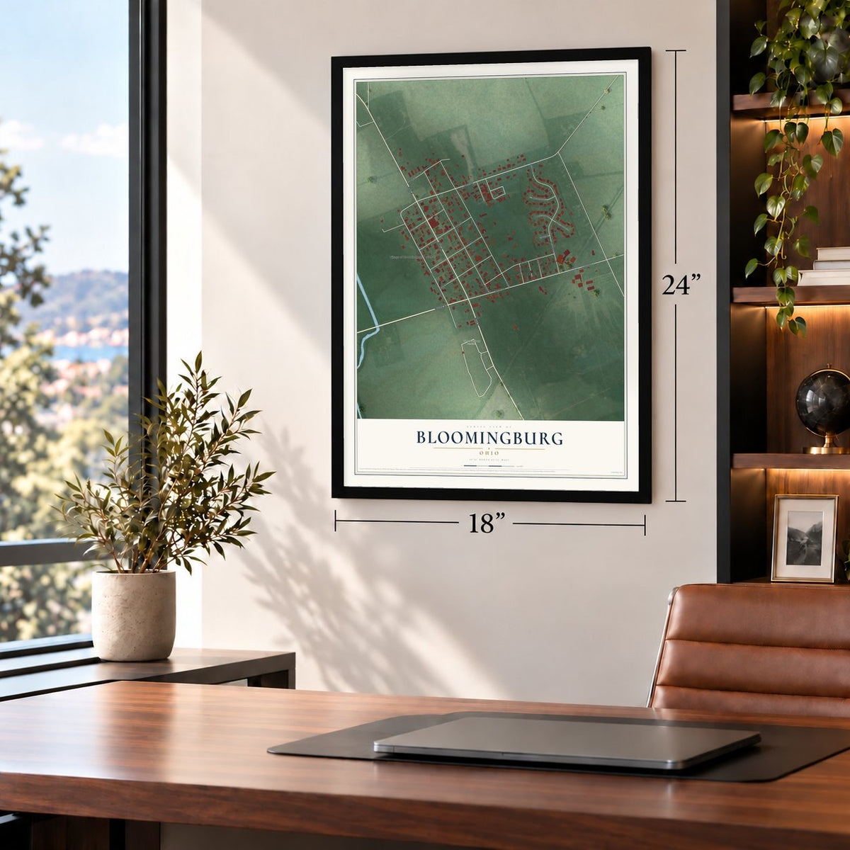 Bloomingburg, Ohio map, 18 x 24 inch print in a black frame in a home office