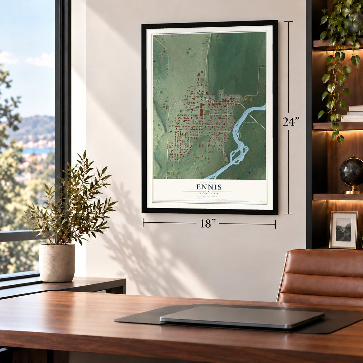 Ennis, Montana map, 18 x 24 inch print in a black frame in a home office