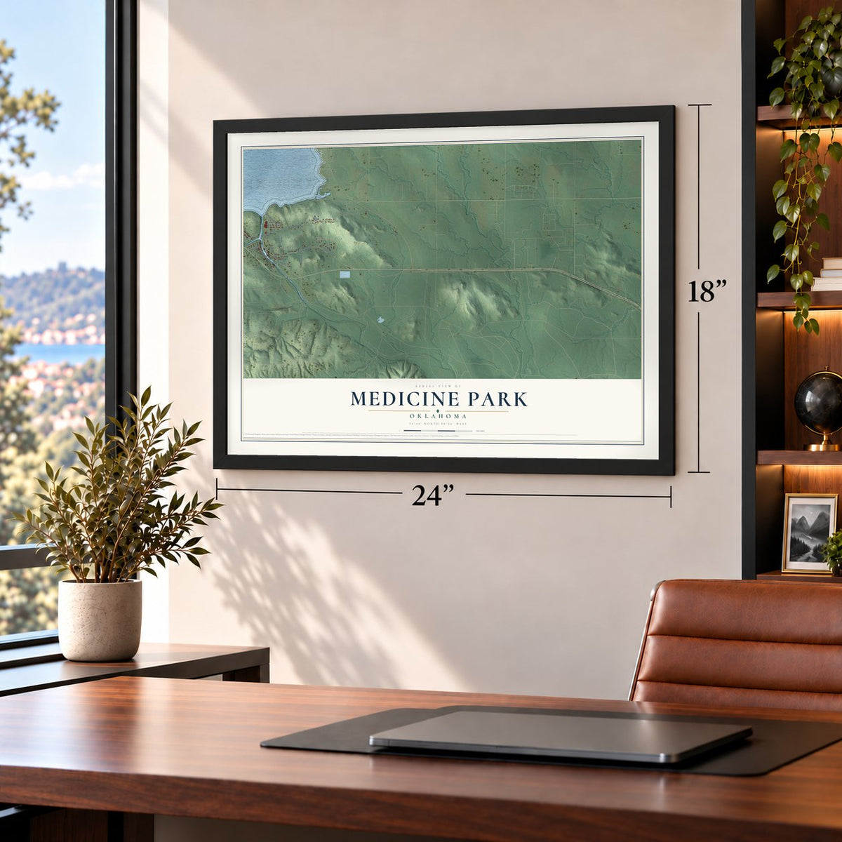 Medicine Park, Oklahoma map, 18 x 24 inch print in a black frame in a home office