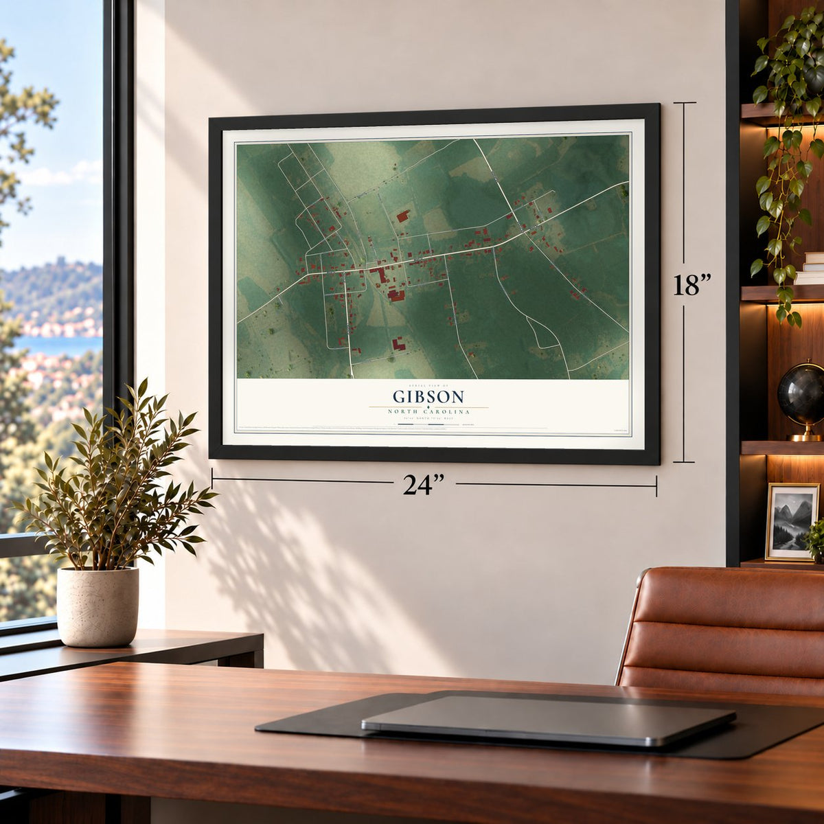 Gibson, North Carolina map, 18 x 24 inch print in a black frame in a home office