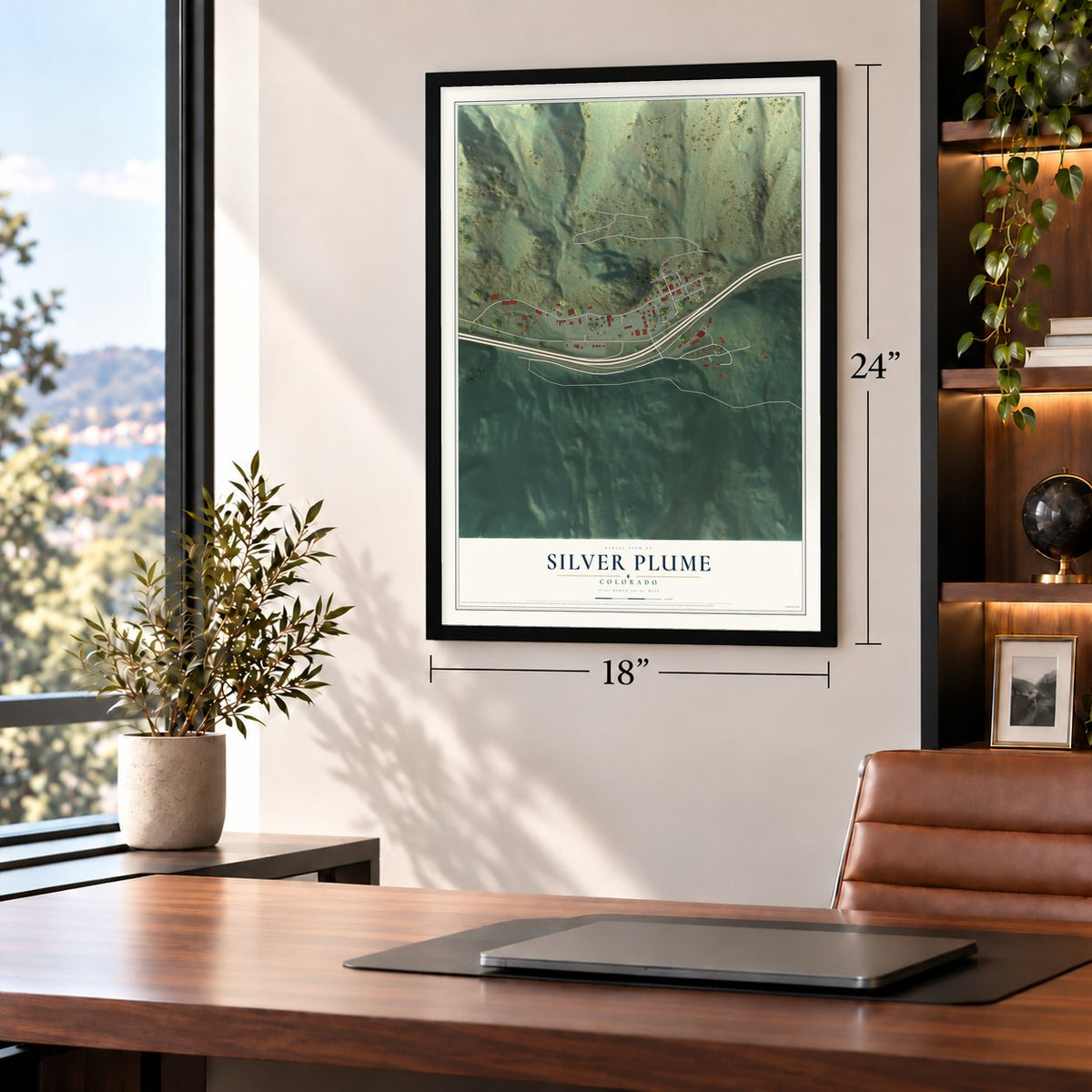 Silver Plume, Colorado map, 18 x 24 inch print in a black frame in a home office