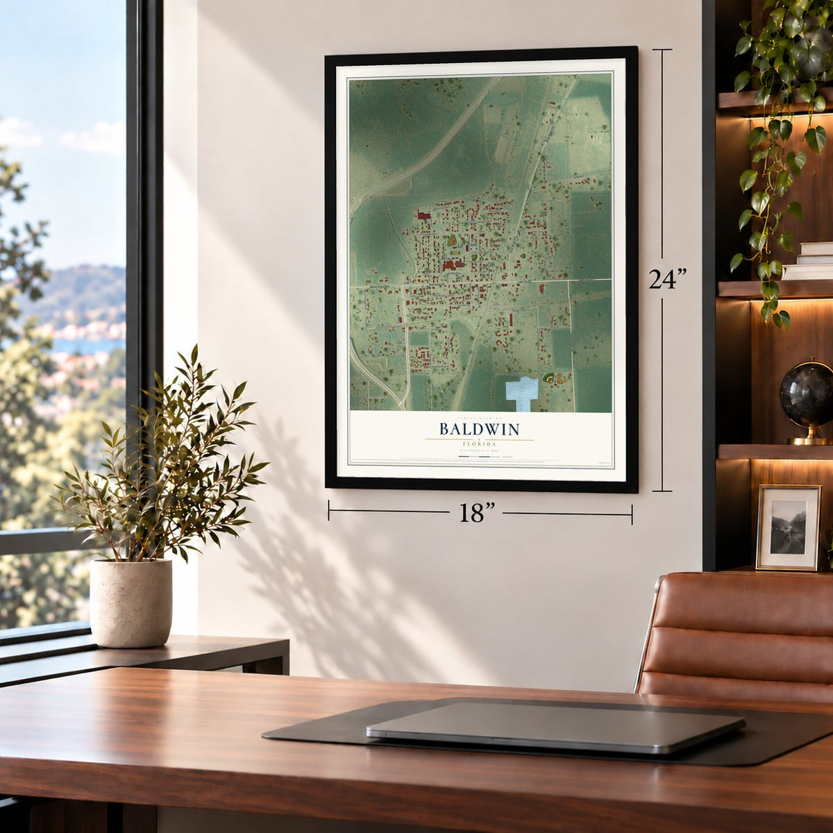 Baldwin, Florida map, 18 x 24 inch print in a black frame in a home office