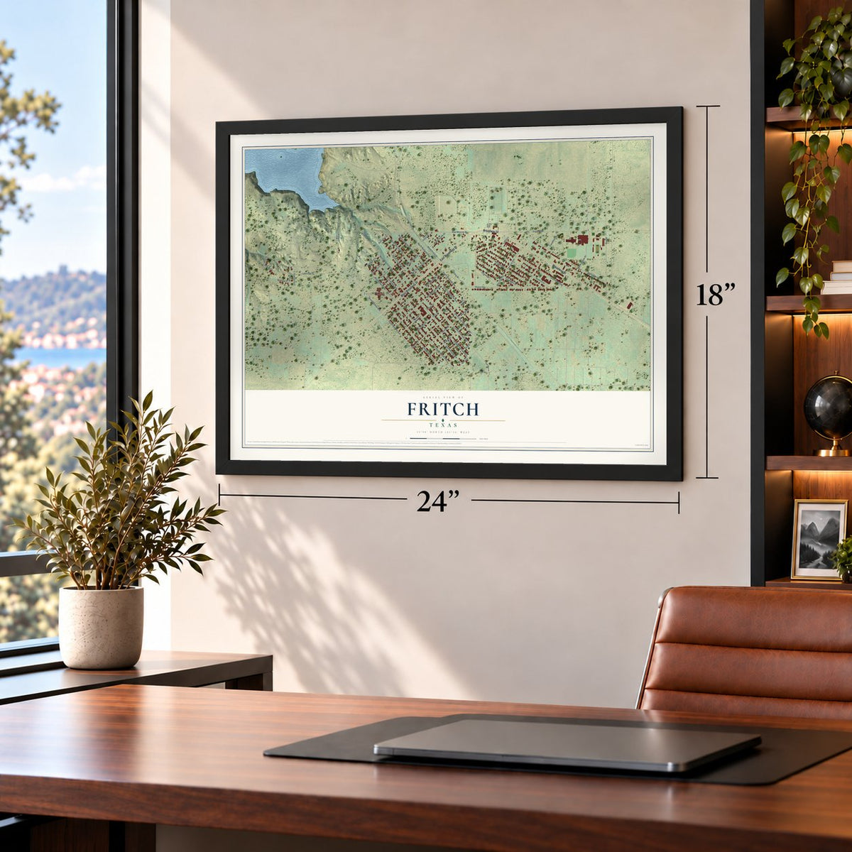 Fritch, Texas map, 18 x 24 inch print in a black frame in a home office