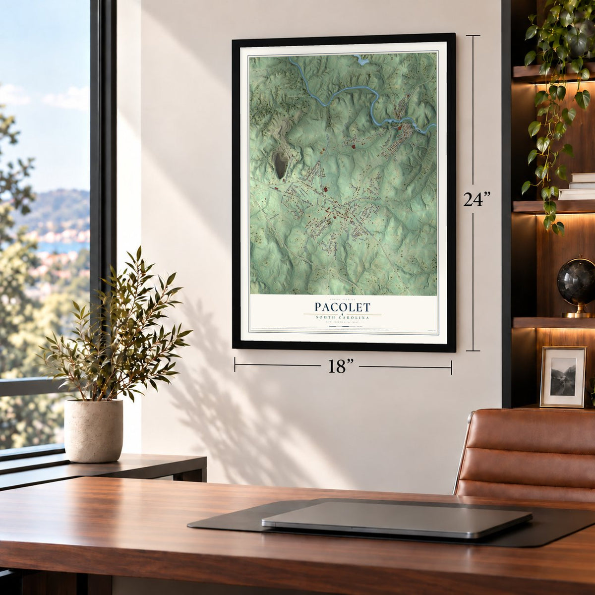 Pacolet, South Carolina map, 18 x 24 inch print in a black frame in a home office