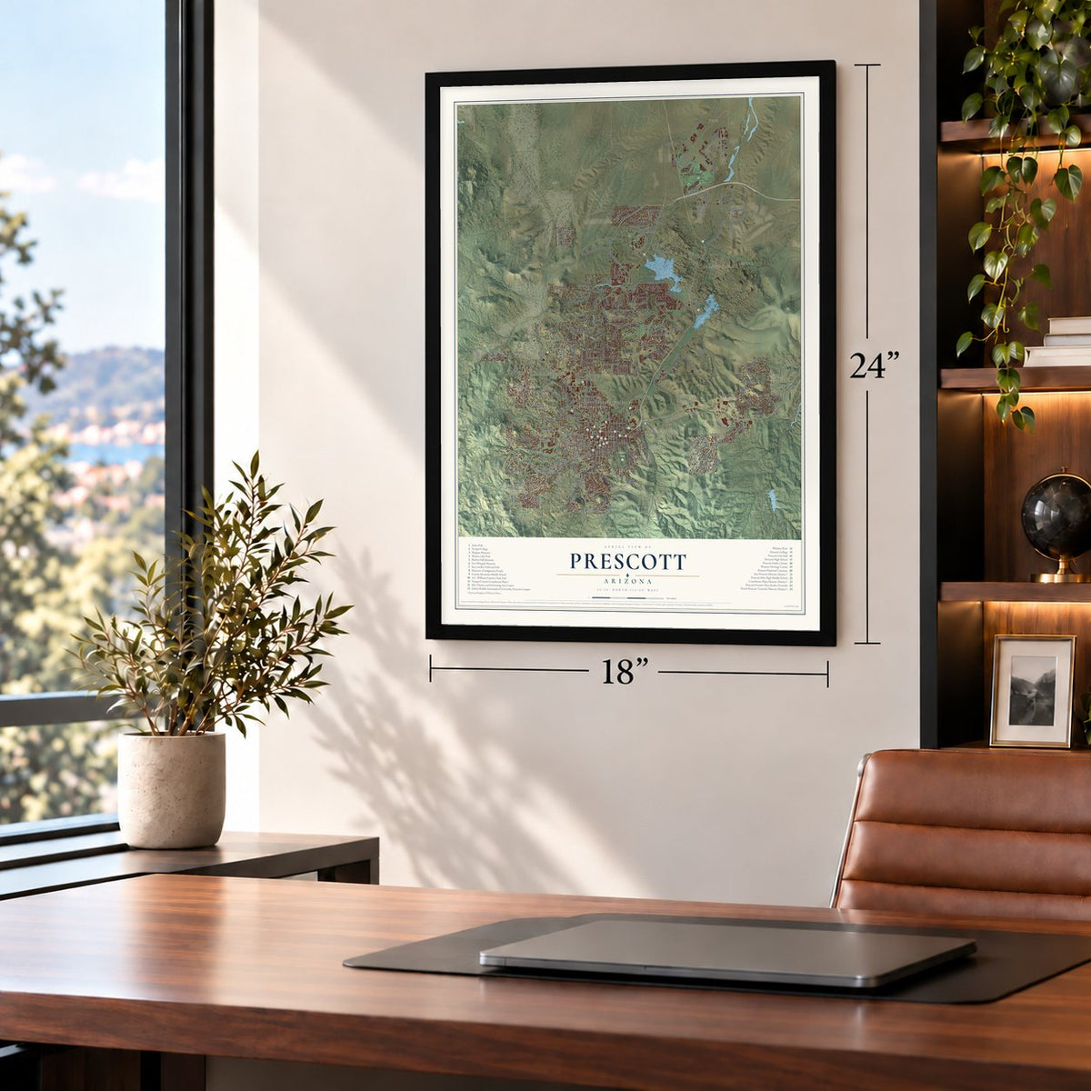 Prescott, Arizona map, 18 x 24 inch print in a black frame in a home office