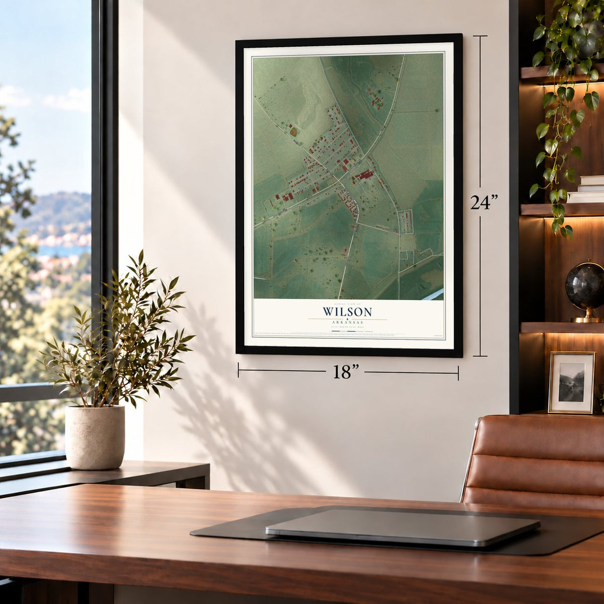 Wilson, Arkansas map, 18 x 24 inch print in a black frame in a home office