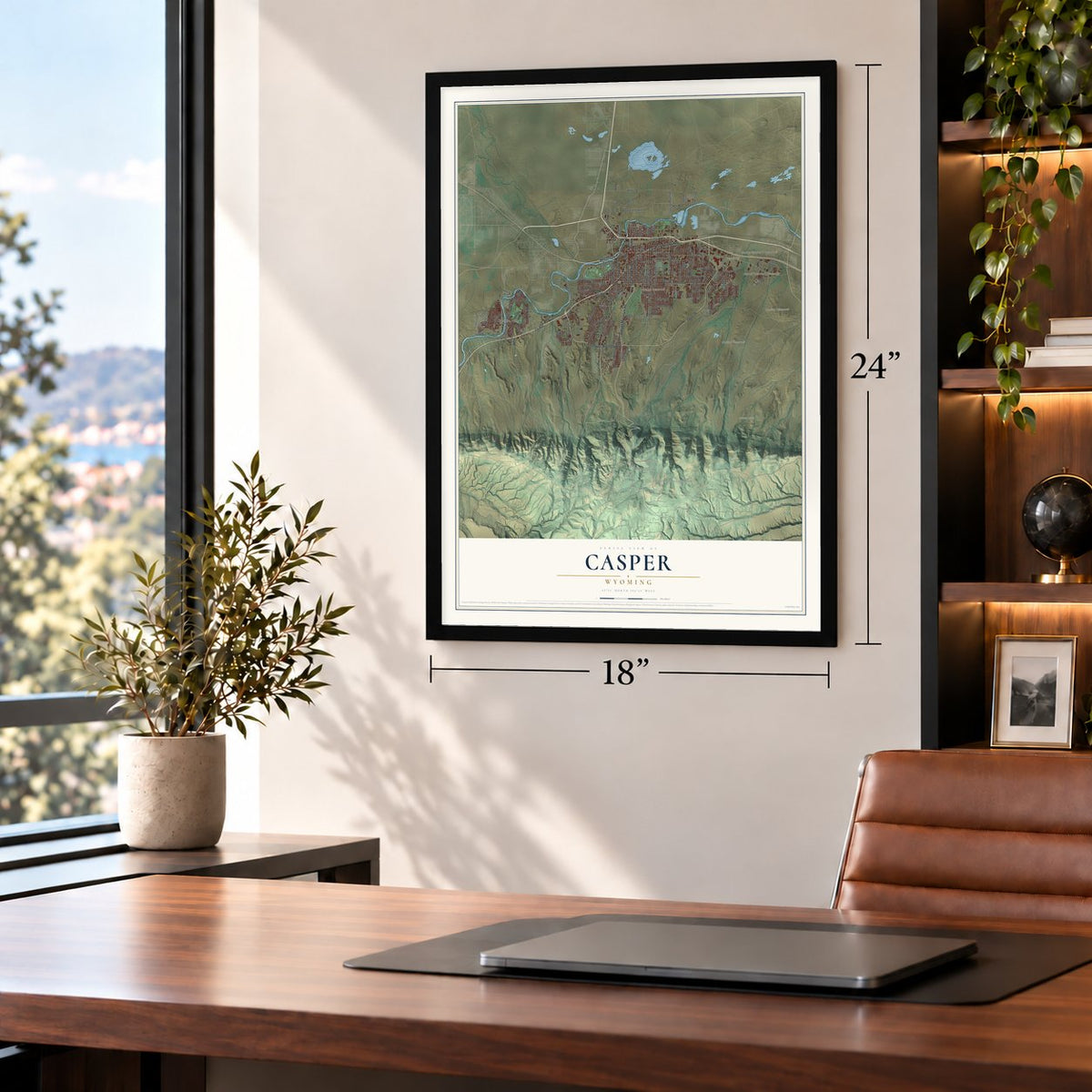 Casper, Wyoming map, 18 x 24 inch print in a black frame in a home office