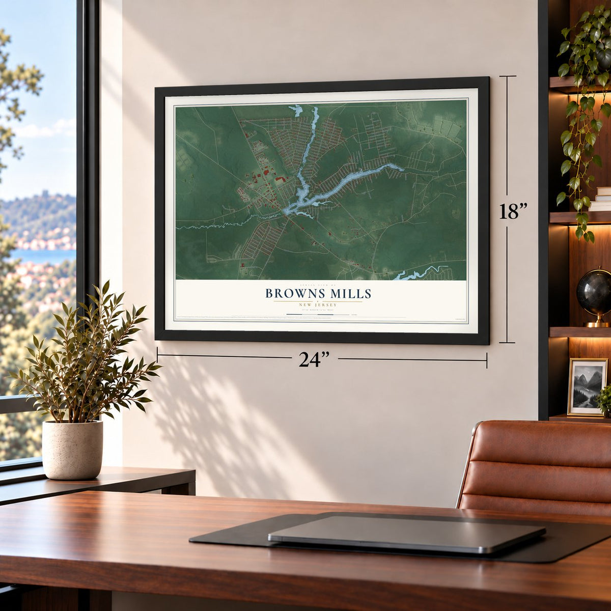 Browns Mills, New Jersey map, 18 x 24 inch print in a black frame in a home office