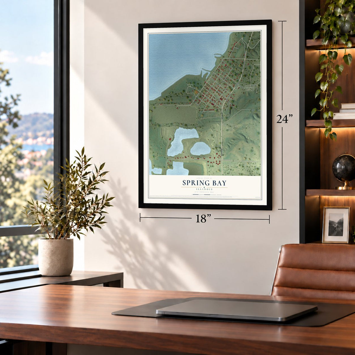 Spring Bay, Illinois map, 18 x 24 inch print in a black frame in a home office