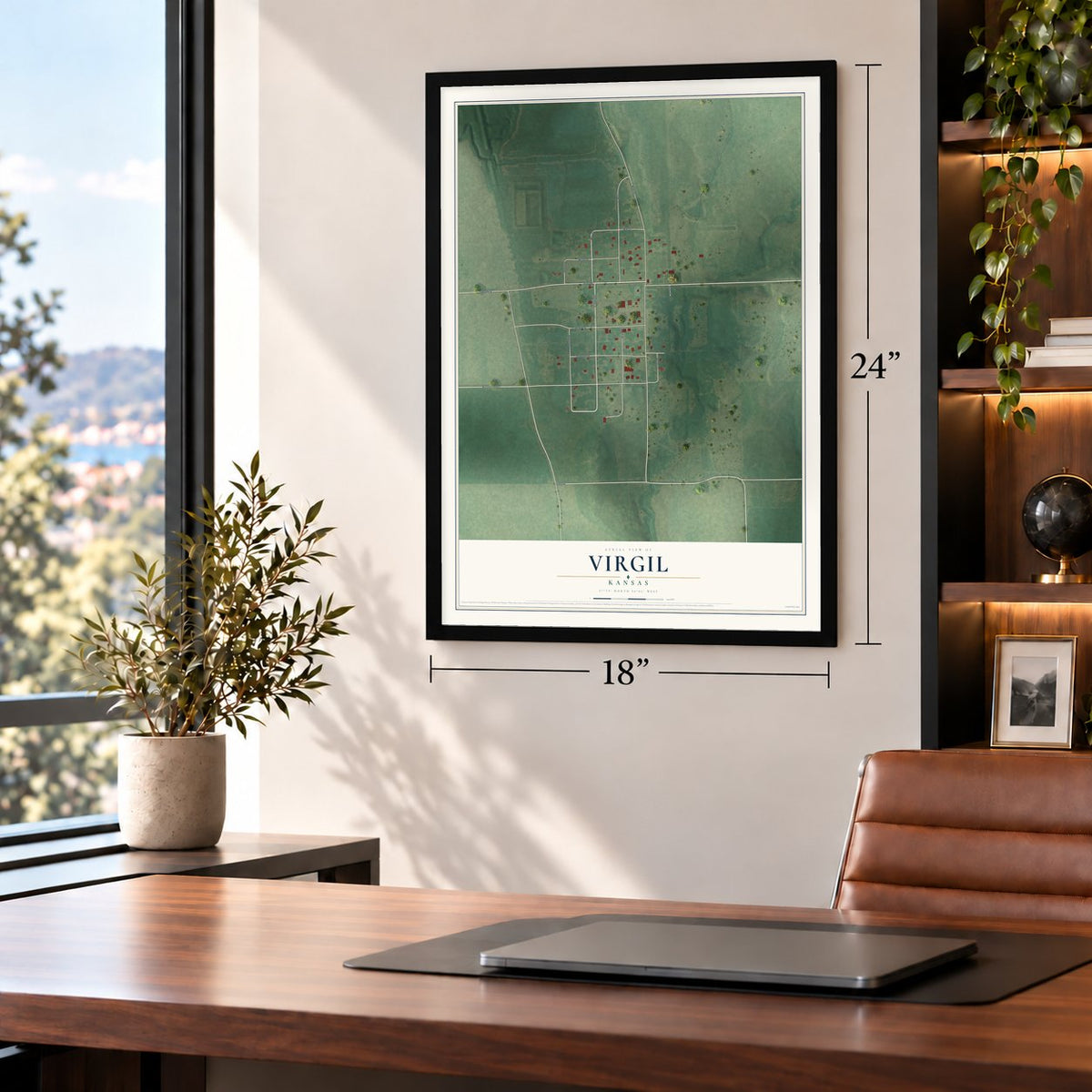 Virgil, Kansas map, 18 x 24 inch print in a black frame in a home office