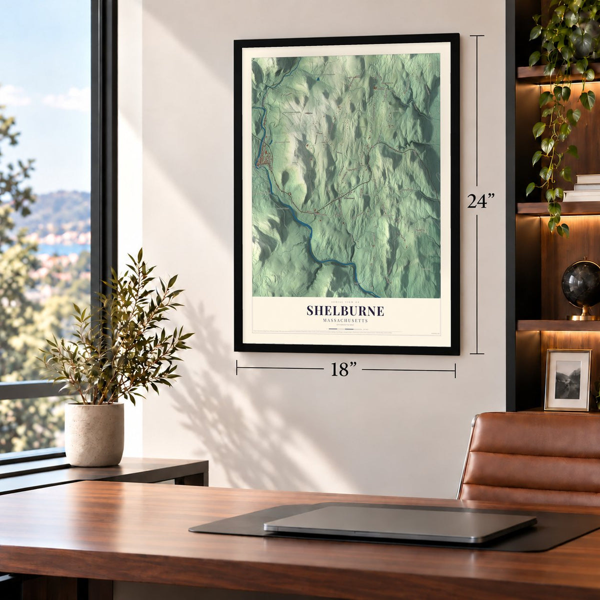 Shelburne, Massachusetts map, 18 x 24 inch print in a black frame in a home office