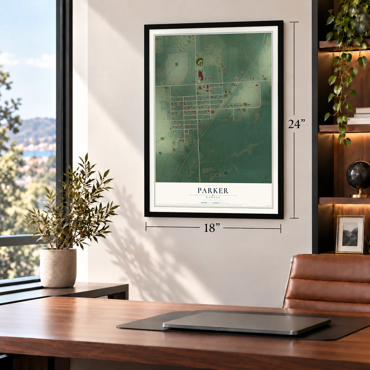 Parker, Kansas map, 18 x 24 inch print in a black frame in a home office