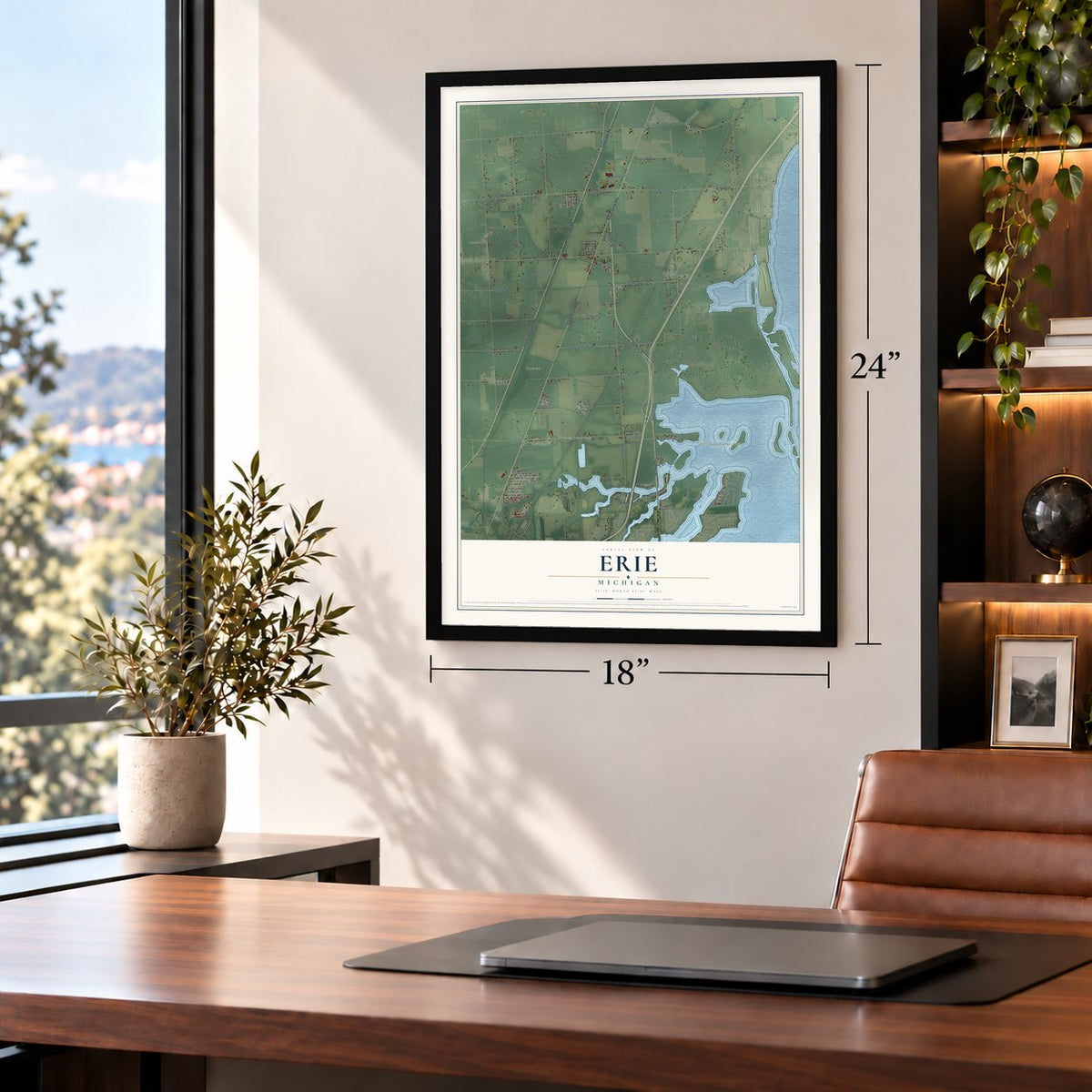 Erie, Michigan map, 18 x 24 inch print in a black frame in a home office