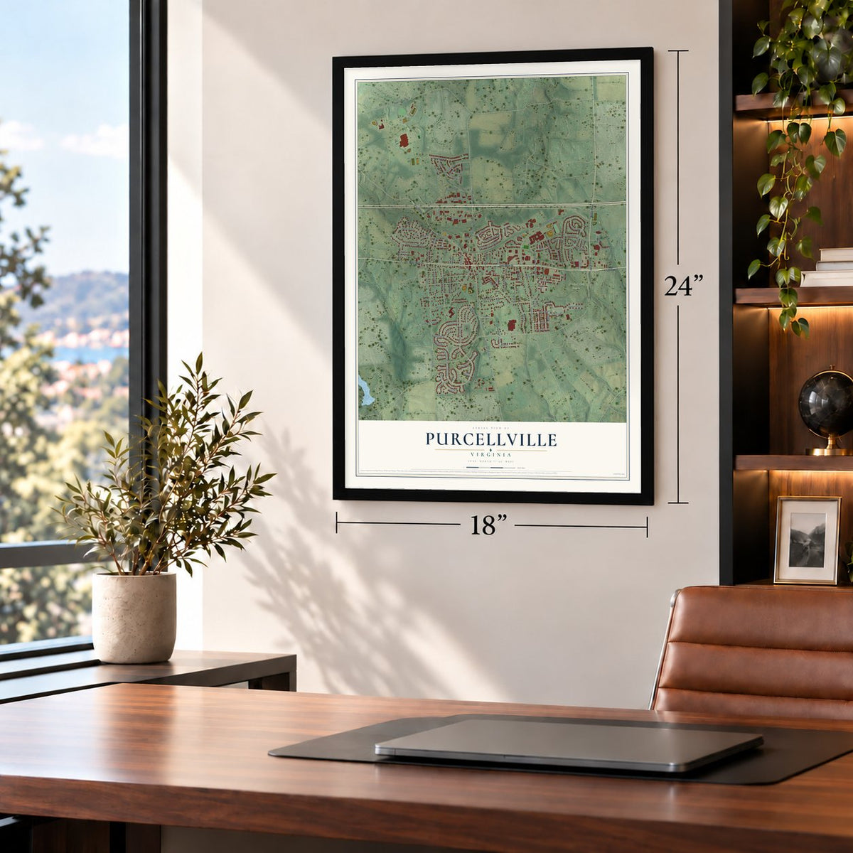Purcellville, Virginia map, 18 x 24 inch print in a black frame in a home office