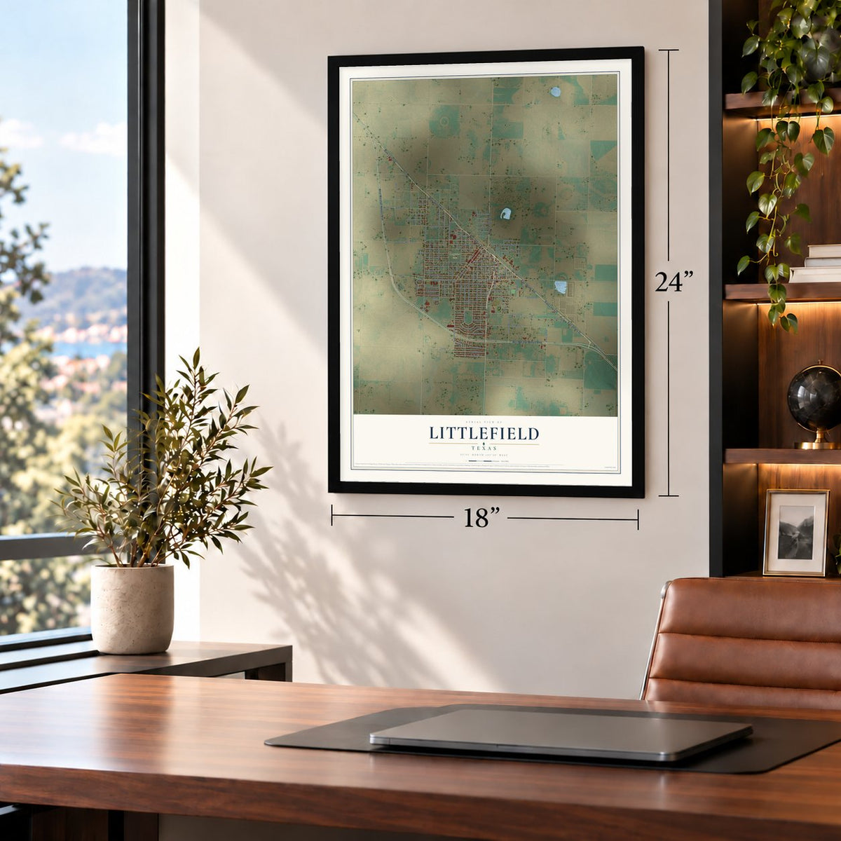 Littlefield, Texas map, 18 x 24 inch print in a black frame in a home office