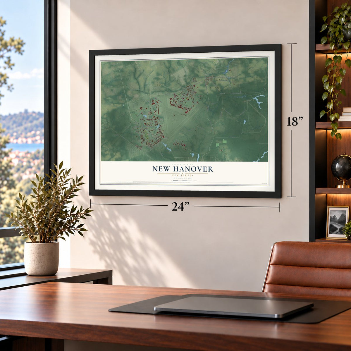 New Hanover, New Jersey map, 18 x 24 inch print in a black frame in a home office