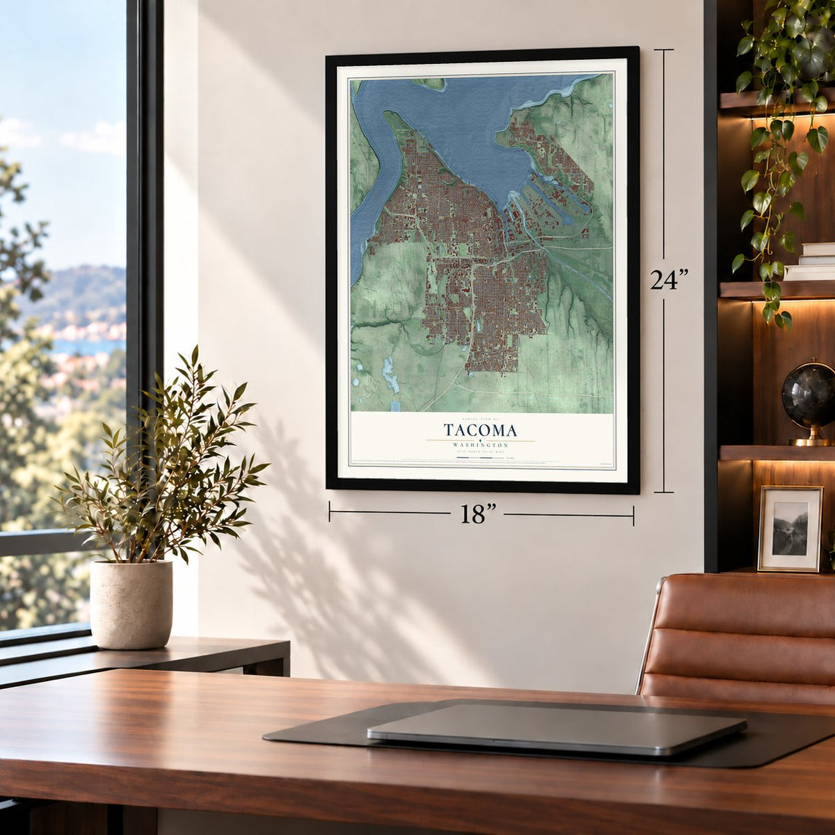 Tacoma, Washington map, 18 x 24 inch print in a black frame in a home office
