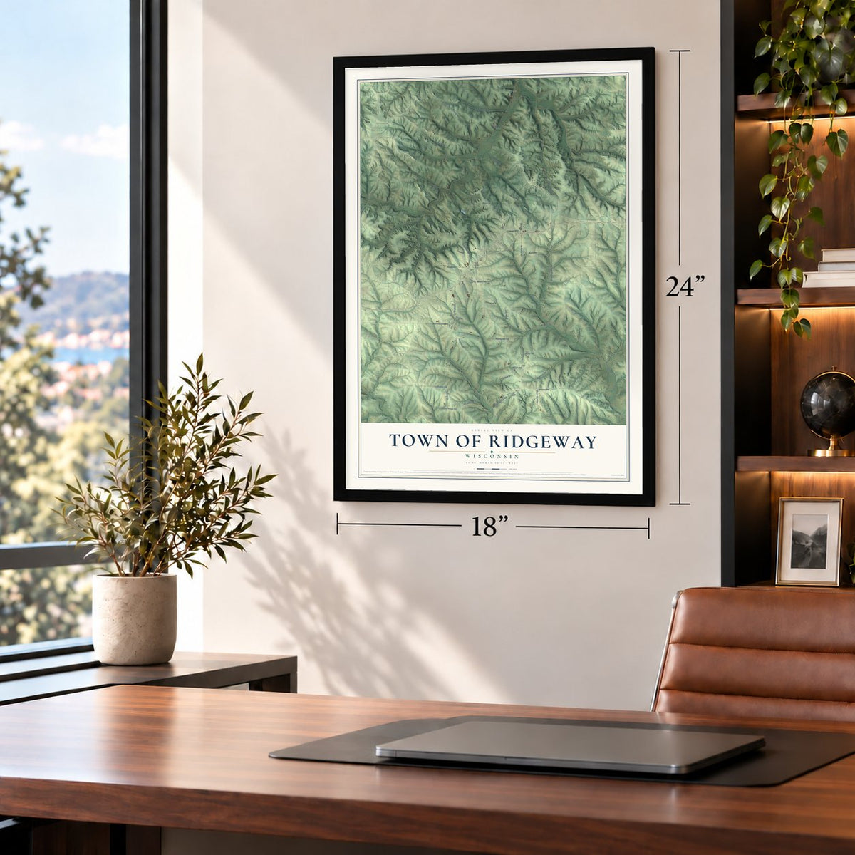 Town of Ridgeway, Wisconsin map, 18 x 24 inch print in a black frame in a home office
