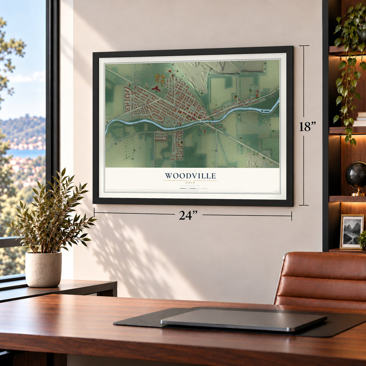 Woodville, Ohio map, 18 x 24 inch print in a black frame in a home office