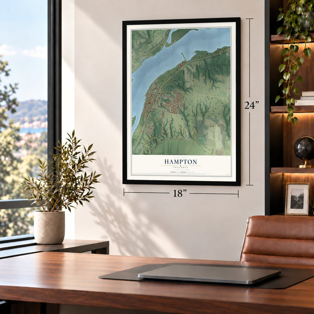 Hampton, Illinois map, 18 x 24 inch print in a black frame in a home office