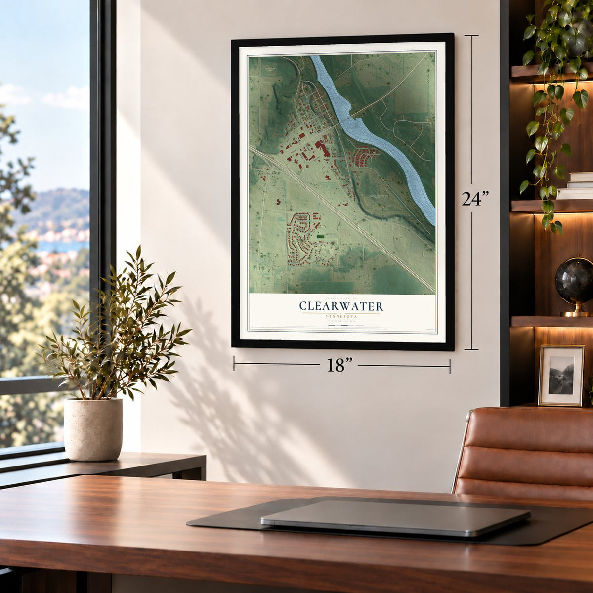 Clearwater, Minnesota map, 18 x 24 inch print in a black frame in a home office