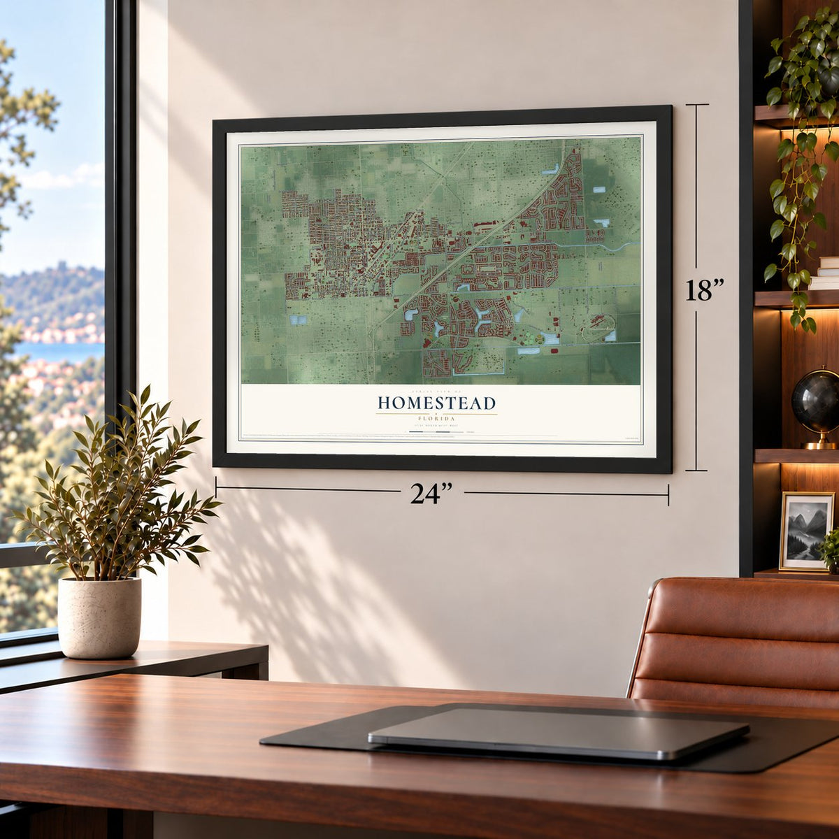 Homestead, Florida map, 18 x 24 inch print in a black frame in a home office