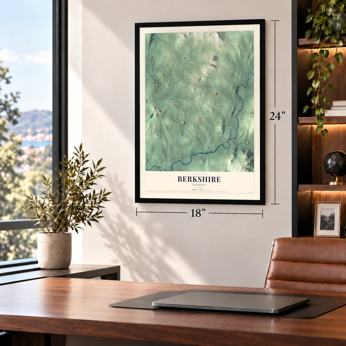 Berkshire, Vermont map, 18 x 24 inch print in a black frame in a home office