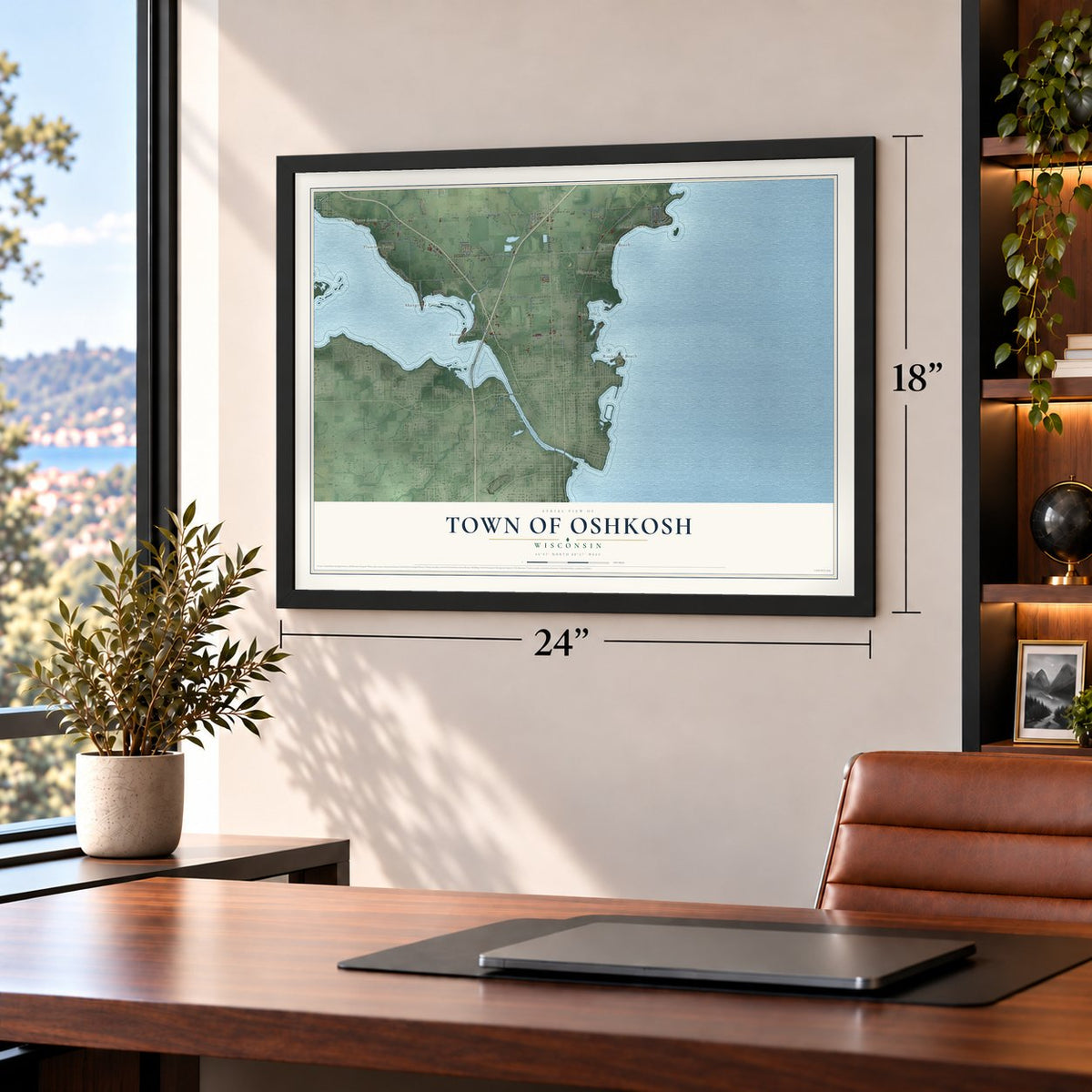 Town of Oshkosh, Wisconsin map, 18 x 24 inch print in a black frame in a home office