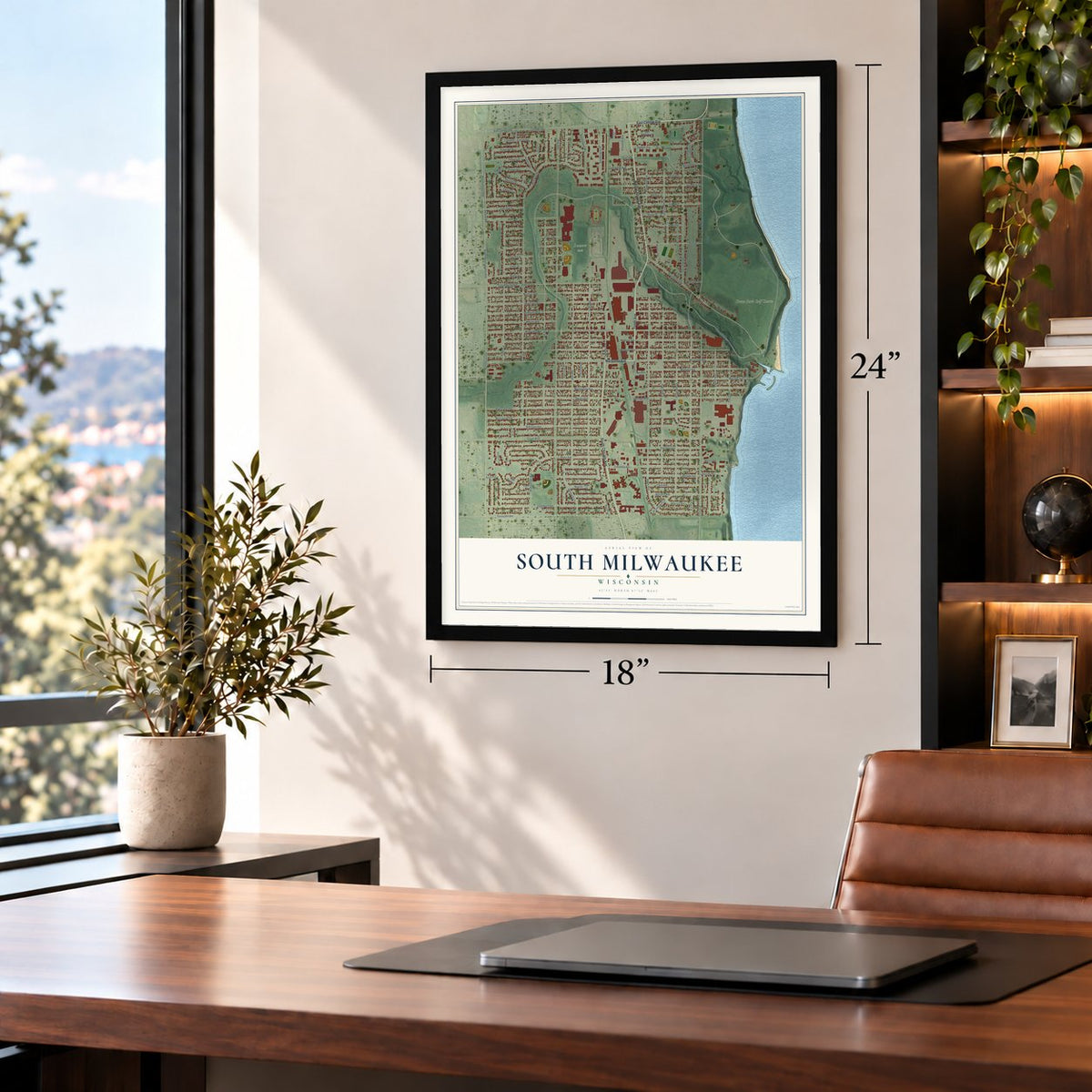 South Milwaukee, Wisconsin map, 18 x 24 inch print in a black frame in a home office