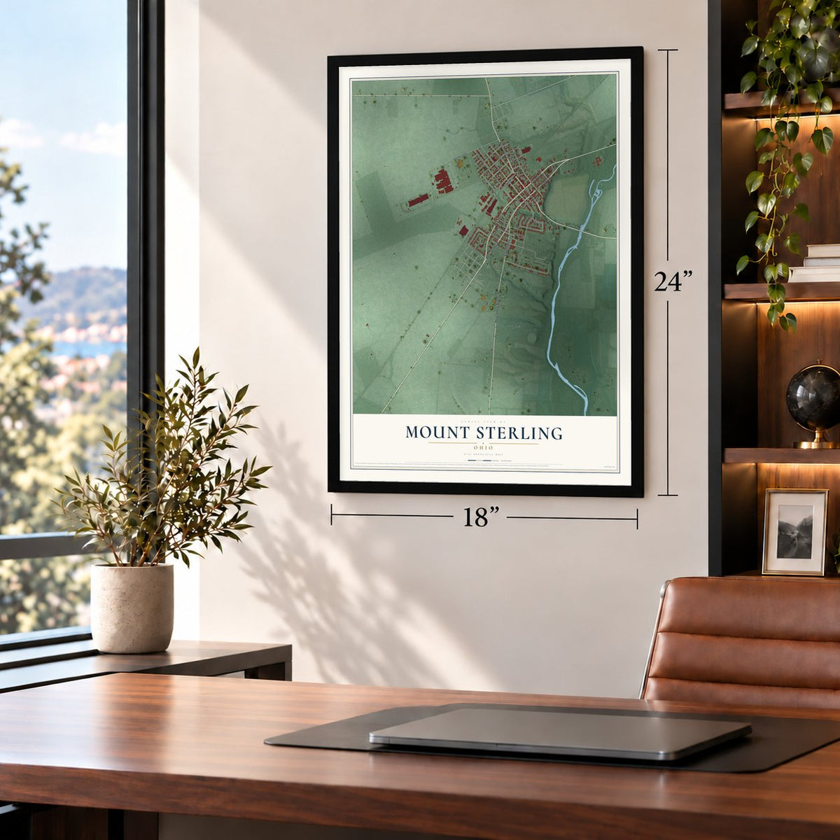 Mount Sterling, Ohio map, 18 x 24 inch print in a black frame in a home office