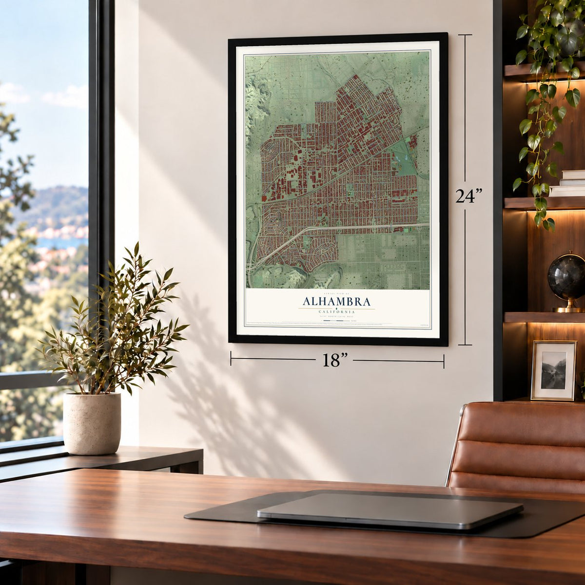 Alhambra, California map, 18 x 24 inch print in a black frame in a home office