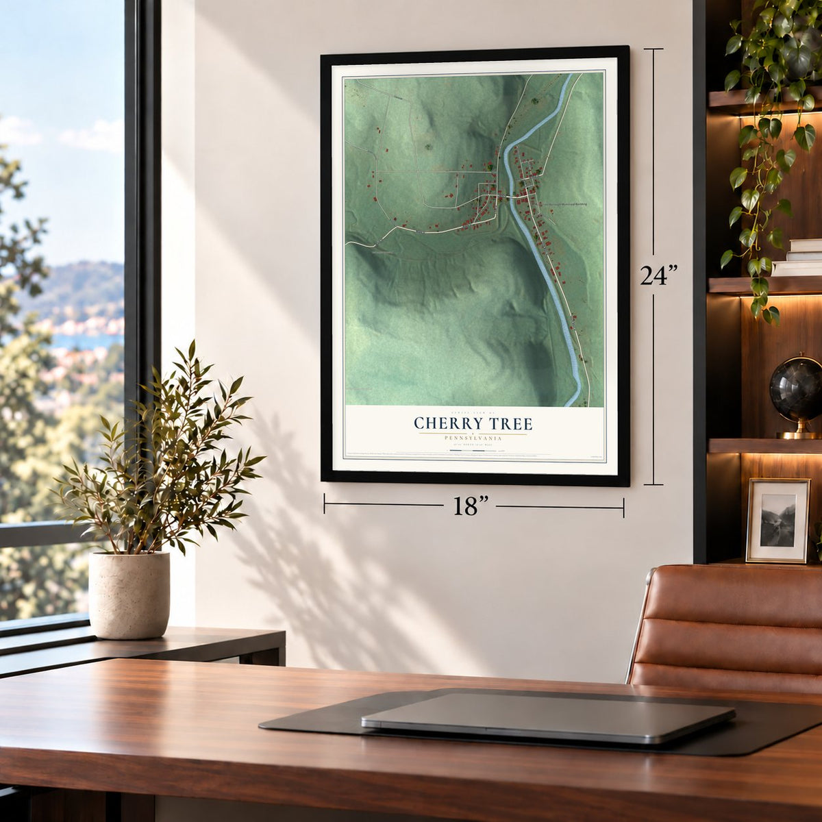 Cherry Tree, Pennsylvania map, 18 x 24 inch print in a black frame in a home office