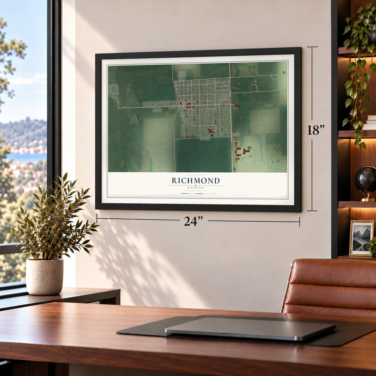 Richmond, Kansas map, 18 x 24 inch print in a black frame in a home office