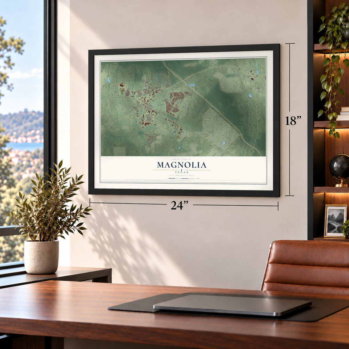 Magnolia, Texas map, 18 x 24 inch print in a black frame in a home office